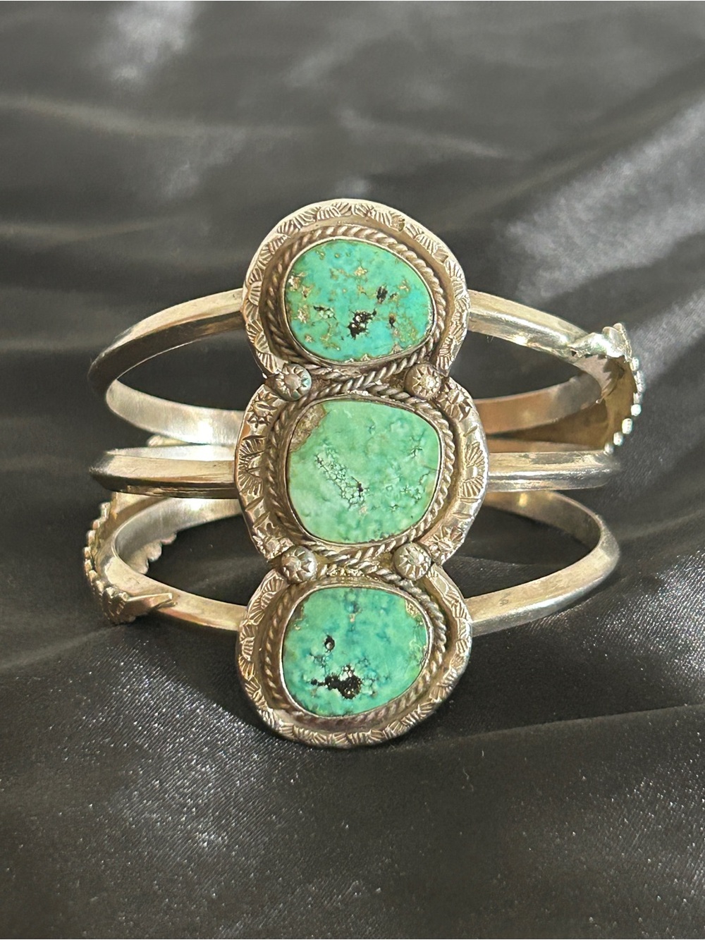 Green Turquoise Triple-Stone Sterling Silver Cuff Bracelet